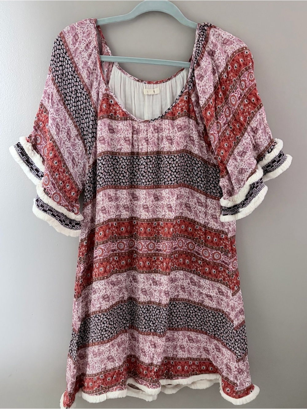 easel Pink & Red Boho Short Sleeve Tunic